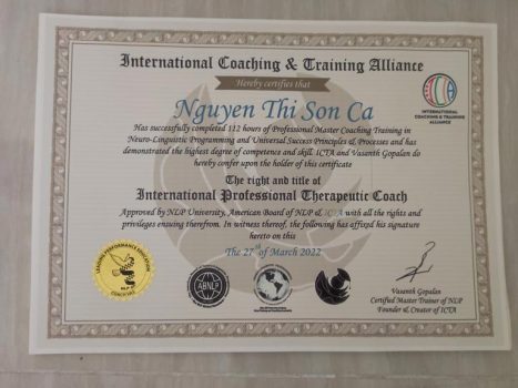 Chứng nhận Therapeutic Coach chứng nhận bởi Uỷ ban NLP Hoa Kỳ (ABNLP) và Hiệp hội Huấn luyện và Đào tạo Quốc tế (ICTA – International Coaching & Training Alliance)