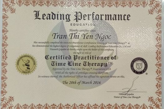 Chứng chỉ TIMELINE THERAPIST – Nhà trị liệu theo liệu pháp dòng thời gian – chứng nhận bởi Hiệp hội Time Line Therapy ™.