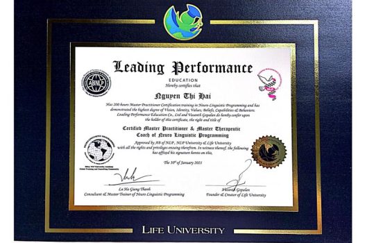 Chứng chỉ Master Coach NLP – bậc thầy thực hành và chuyên gia trị liệu ứng dụng NLP – chứng nhận bởi Uỷ ban NLP Hoa Kỳ (ABNLP).