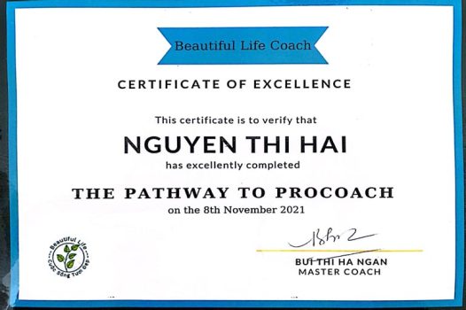 Chứng chỉ The PATHWAY TO PROCOACH chứng nhận bởi tổ chức quốc tế Beautiful Life Coach.