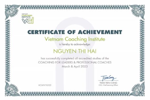 Chứng nhận Vietnam Coaching Institute chứng nhận bởi tổ chức Vietnam Coaching Institute