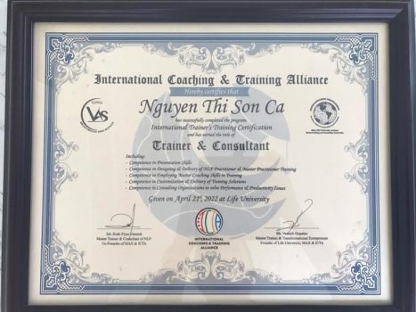 Chứng nhận Trainer & Consultant được chứng nhận bởi Hiệp hội Huấn luyện và Đào tạo Quốc tế (ICTA – International Coaching & Training Alliance).
