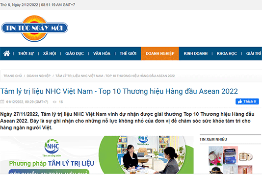 [Tin Tức Ngày Mới] Tâm lý trị liệu NHC Việt Nam - Top 10 Thương hiệu Hàng đầu Asean 2022