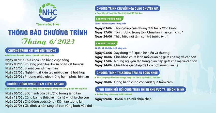 Trung tâm Tâm lý trị liệu NHC Việt Nam thông báo chương trình tháng 6 năm 2023