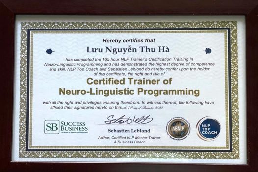 Chứng chỉ Trainer of NLP – Nhà đào tạo NLP được chứng nhận bởi Hiệp hội NLP Hoa Kỳ (ABNLP).