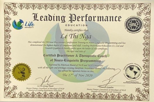 Chứng chỉ Master Coach NLP – bậc thầy thực hành và chuyên gia trị liệu ứng dụng NLP – chứng nhận bởi Uỷ ban NLP Hoa Kỳ (ABNLP).