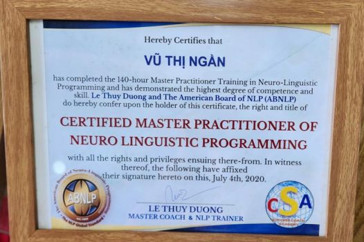 Chứng chỉ Neuro Linguistic Programming (Lập Trình Ngôn Ngữ Tư Duy) - chứng nhận bởi Uỷ ban NLP Hoa Kỳ (ABNLP).