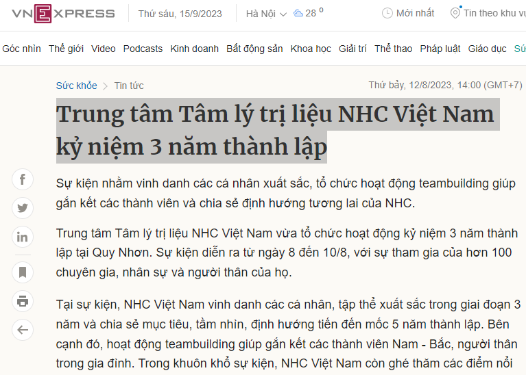 [VNEXPRESS] Trung tâm Tâm lý trị liệu NHC Việt Nam kỷ niệm 3 năm thành lập